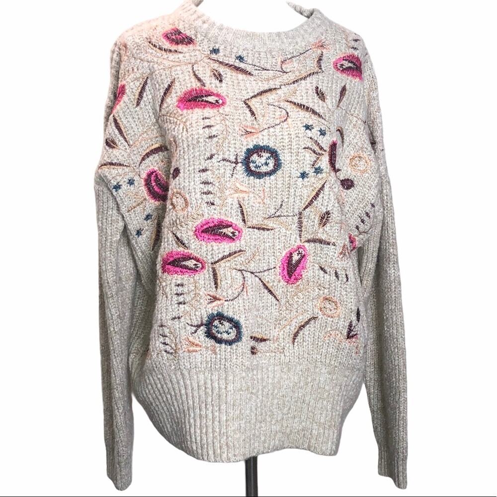 Woven Heart Embroidered Floral Sweater Tan Large